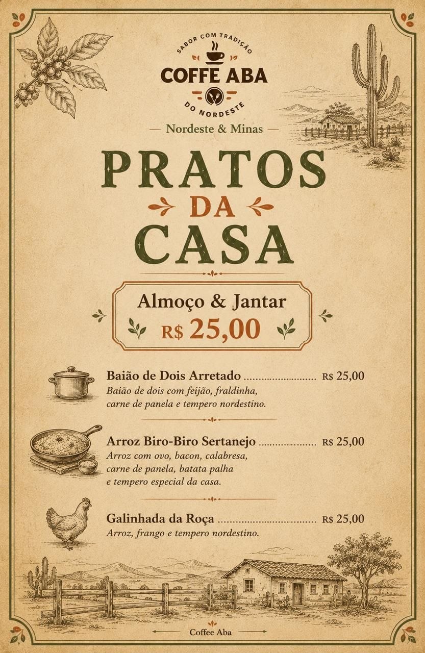 Cardápio impresso de pratos da casa; itens e preços também disponíveis em texto nesta seção